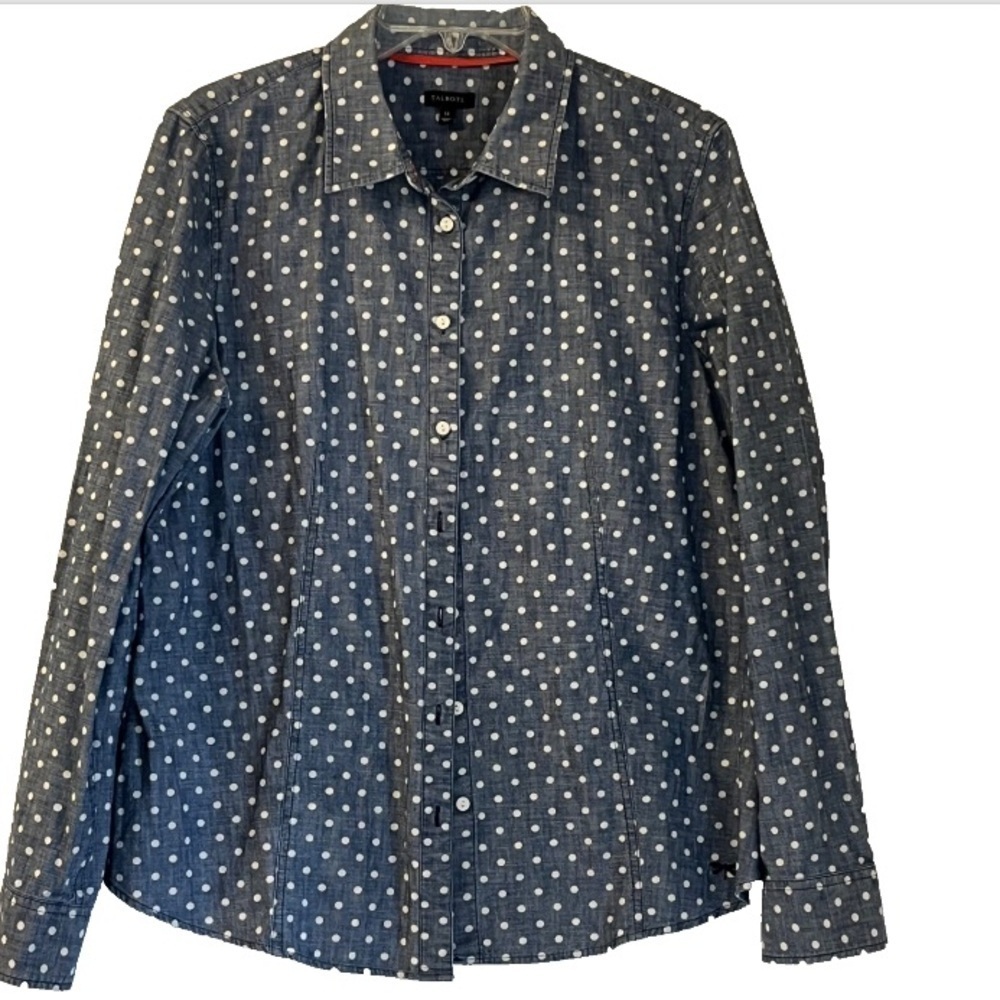 Talbots Chambray Blue White Polka Dot Button Down Shirt Sz 14 Long Sleeve Cotton